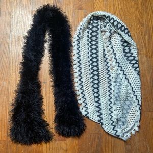 black fuzzy scarf, black and white print scarf